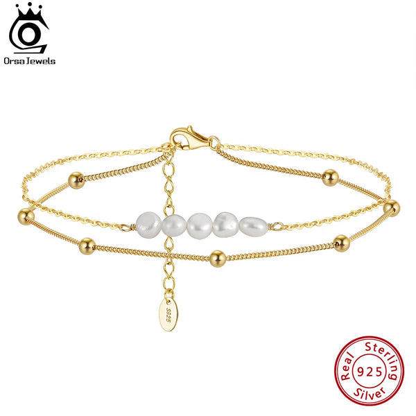 Gold 925 Sterling Silver Layered Cable Chain&Pearl Anklets Summer Foot Bracelet