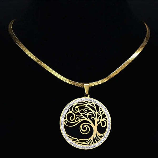 Fashion Tree of Life Crystal Stainless Steel Neckless Chain Gold Color Choker Necklaces