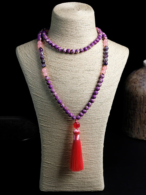 108Mala Beaded Tassel Necklace,Imperial jasper Amethyst Beaded 8mm Japamala Necklace