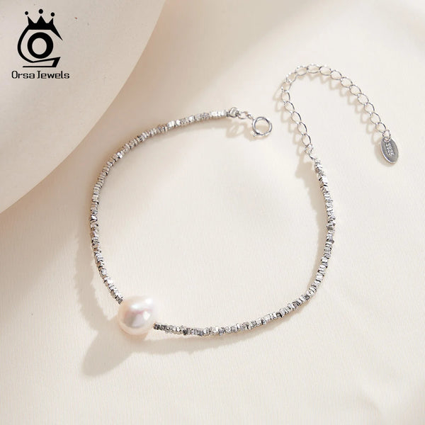 925 Sterling Silver Pearl Chain Bracelet Rhodium Baroque Pearl Hand Bracelet for Women