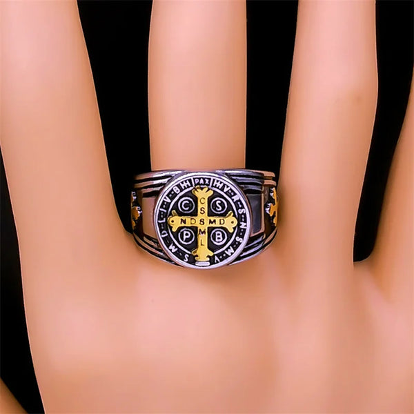 Vintage Stainless Steel  Saint Benedict Cspb Cross Finger Ring