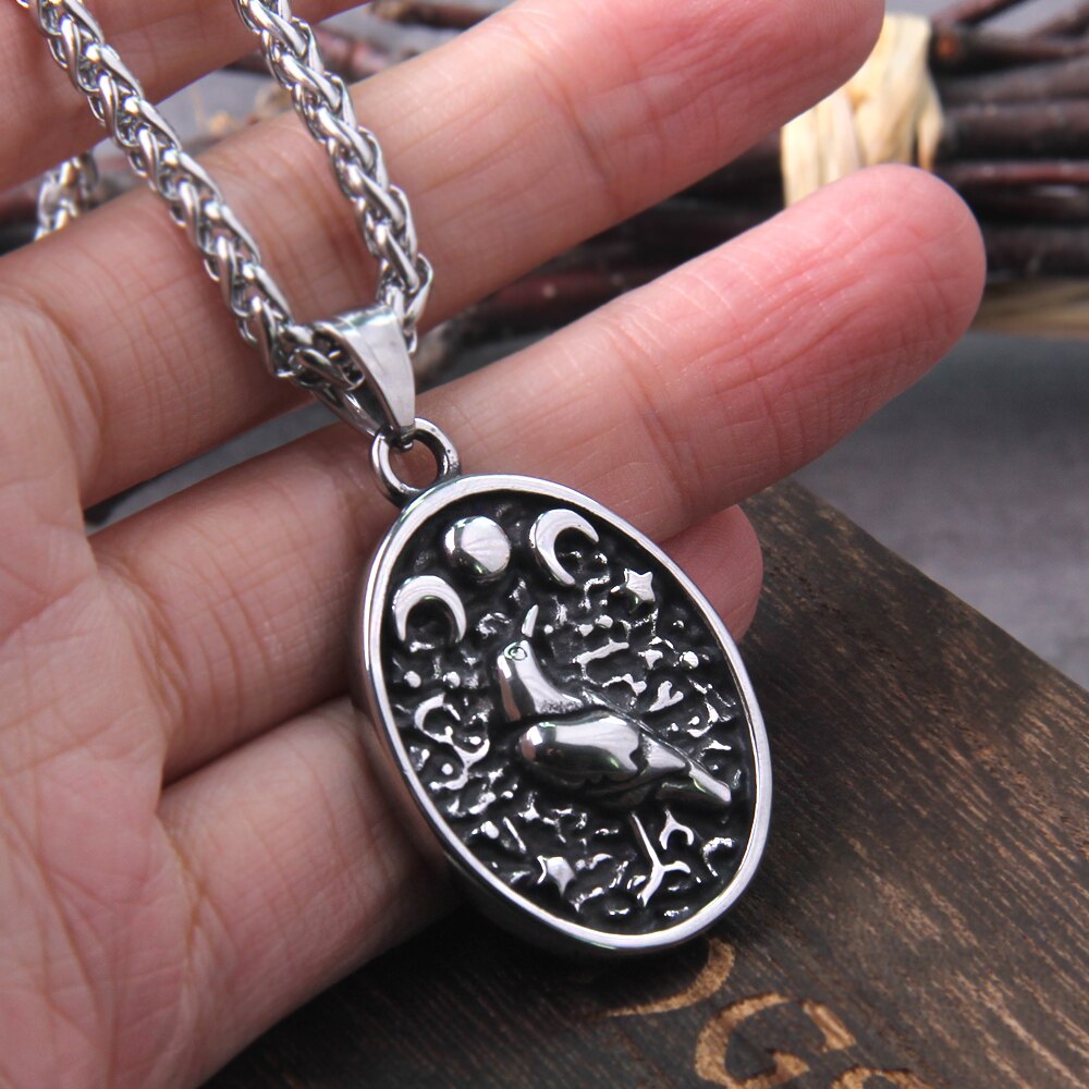 Wicca Triple Moon Goddess Viking Jewelry Odin Raven Amulet Pentagram Wiccan Pagan Moon Necklace