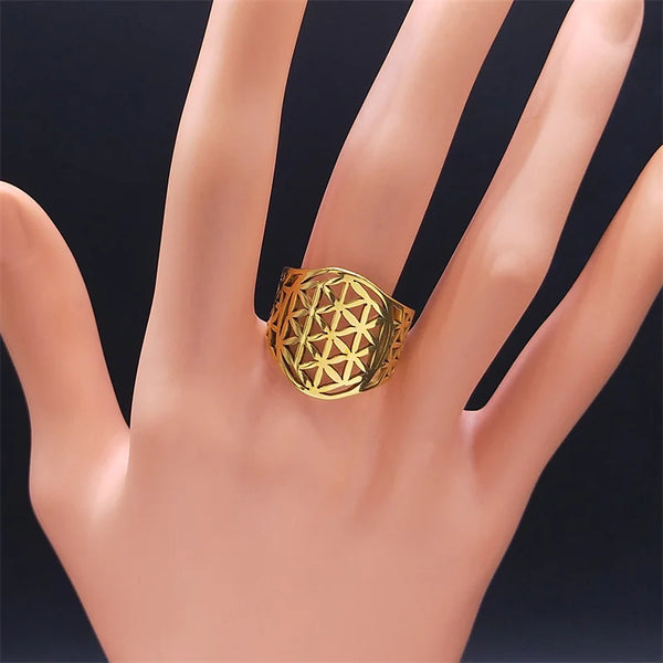 Yoga Flower of Life Rings Stainless Steel Gold Color Women Ring