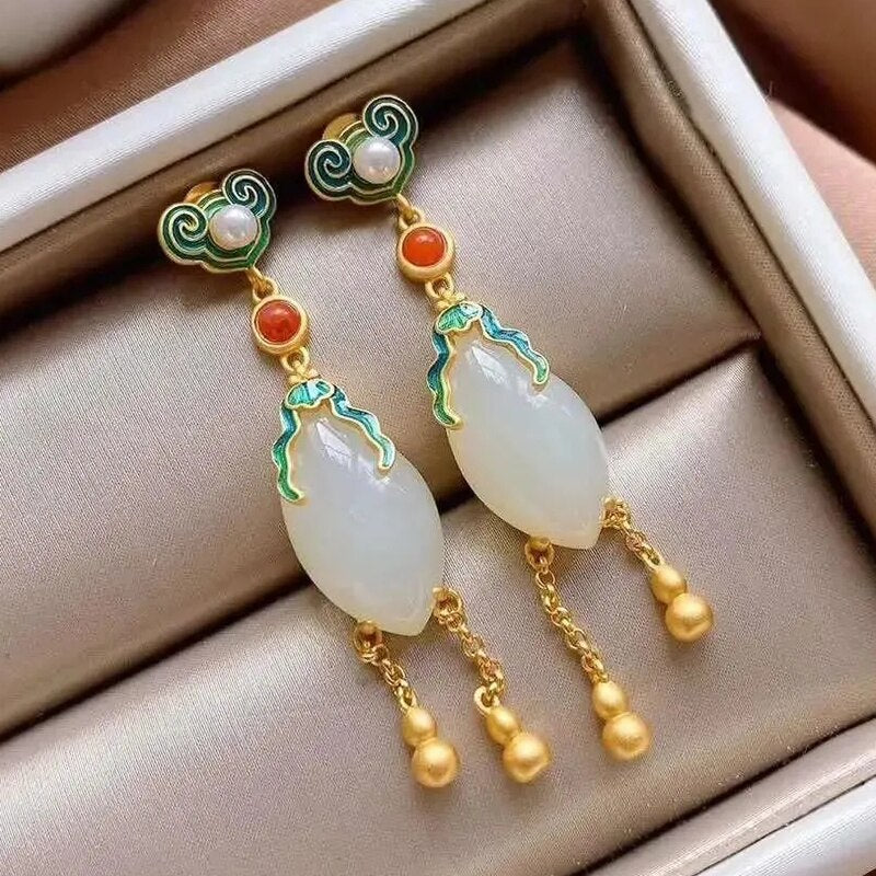 Natural Hetian  jade enamel porcelain Earrings