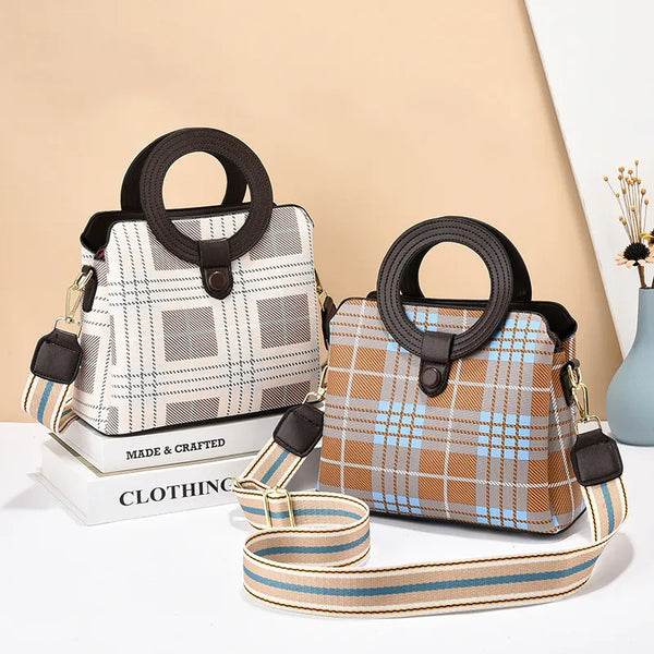 Creative Round Handle Women's Bag Fashion Plaid PU Single Shoulder Crossbody Bag