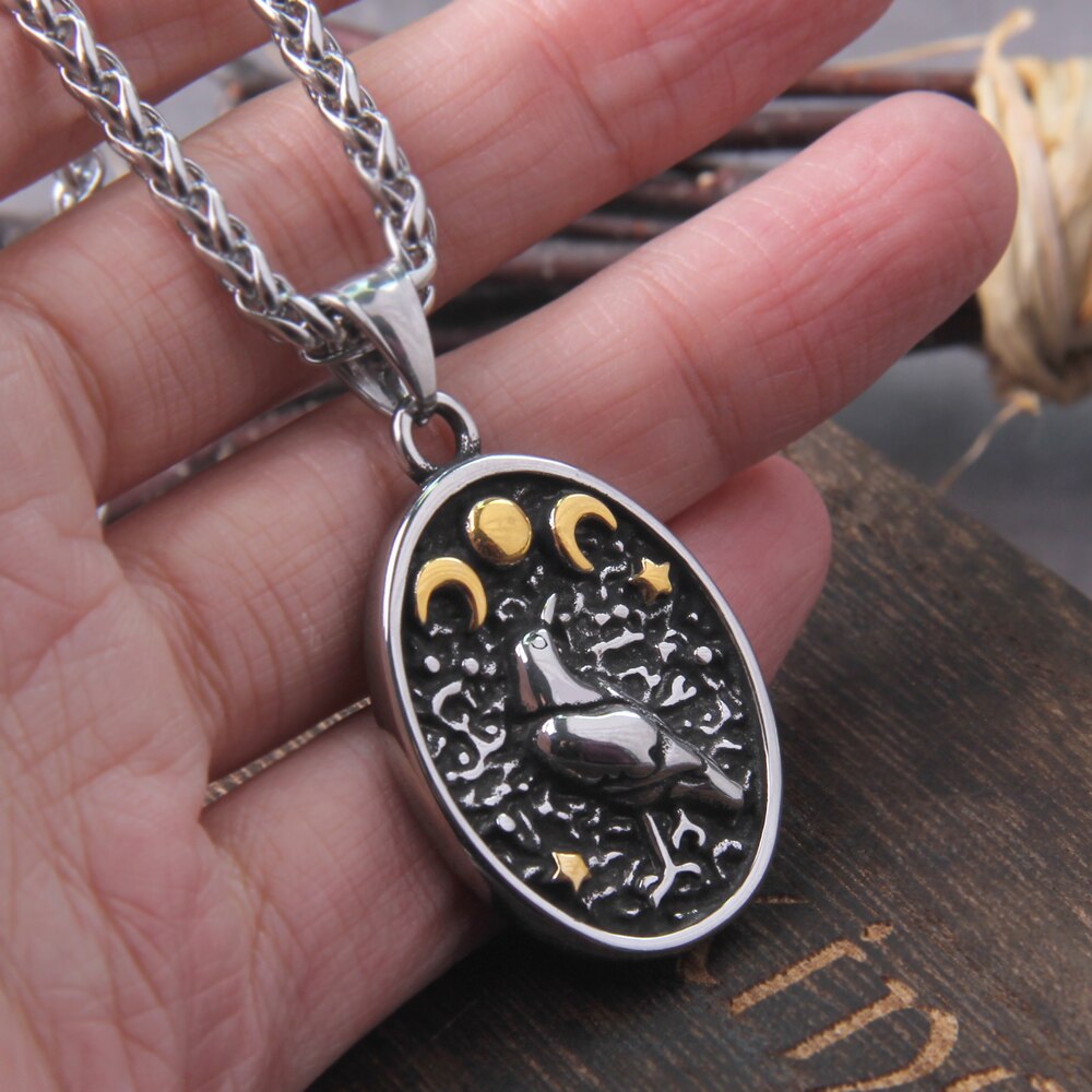 Wicca Triple Moon Goddess Viking Jewelry Odin Raven Amulet Pentagram Wiccan Pagan Moon Necklace