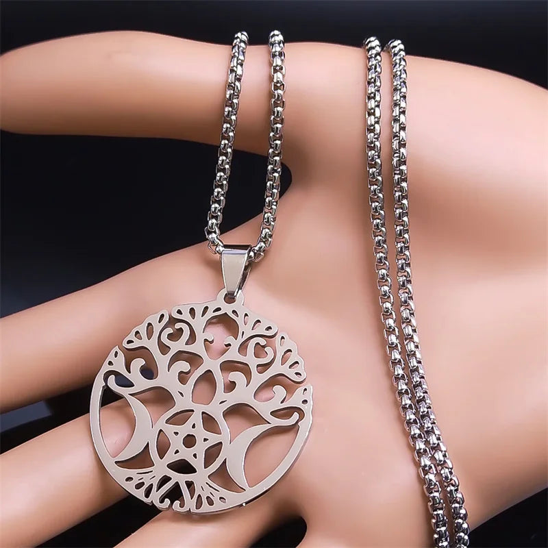 Stainless Steel Wicca Triple Moon Goddess Tree Of Life Necklace