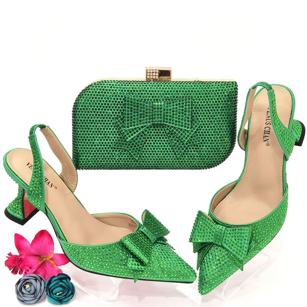 Spring Autumn Shinning Crystal Design Shoes Matching Bag Set