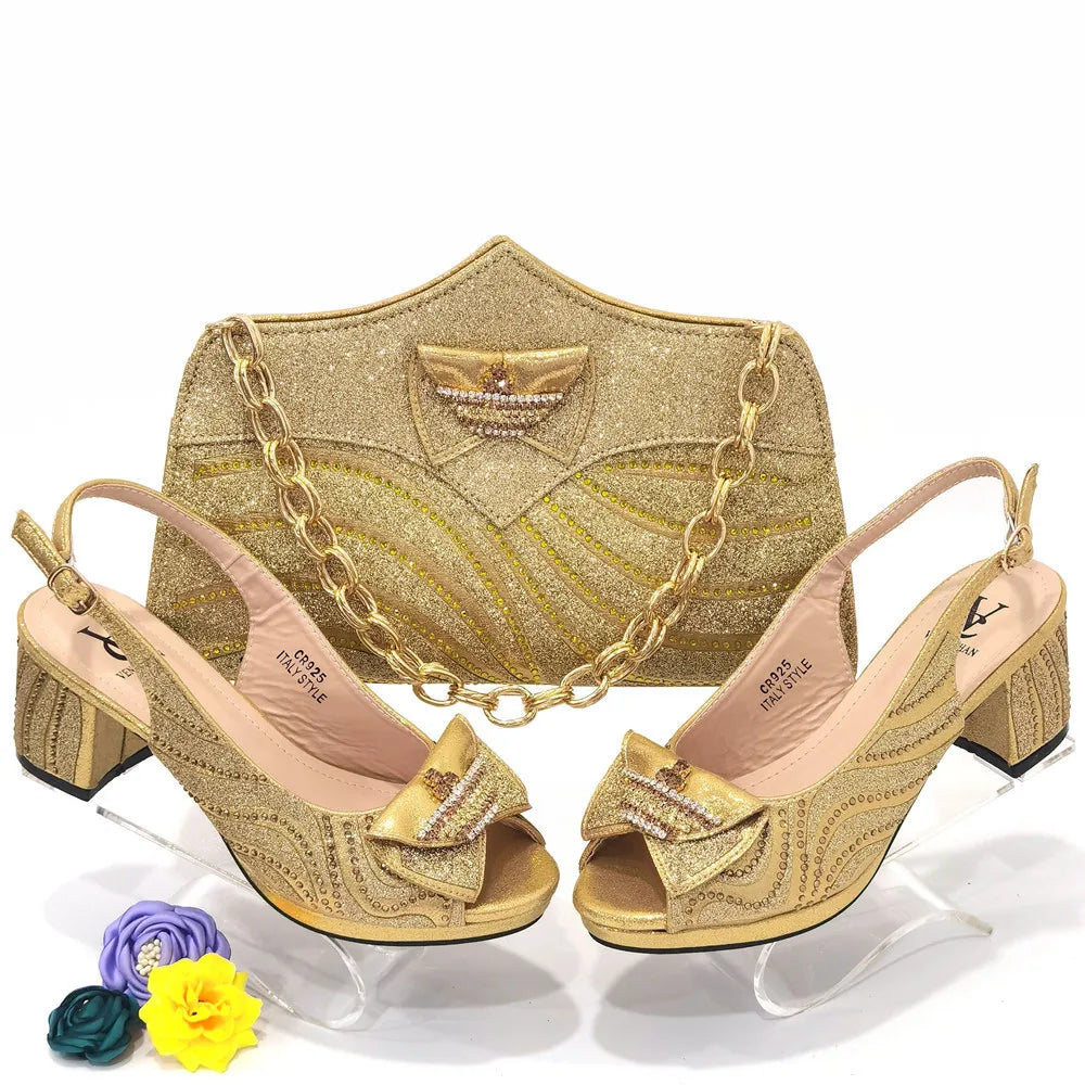 Latest Women Matching Shoes and Bag Set Decorated  Heels Shoes and Bags