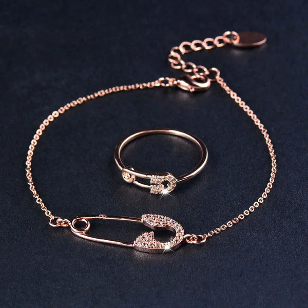 Trendy Pin Shape Chain Bracelet And Rings Set Rose Gold Color Crystal Jewelry Set For Women