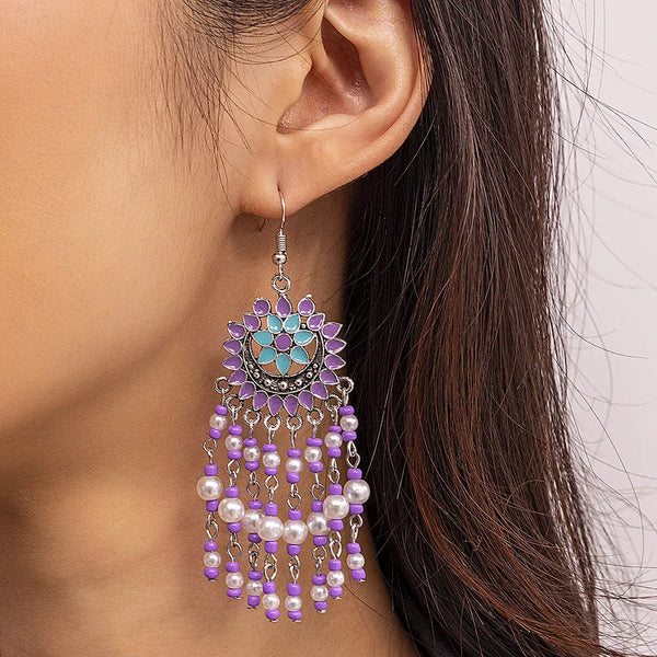 Bohemian Ethnic Long Rice Bead Pearl Tassel Earrings for Women