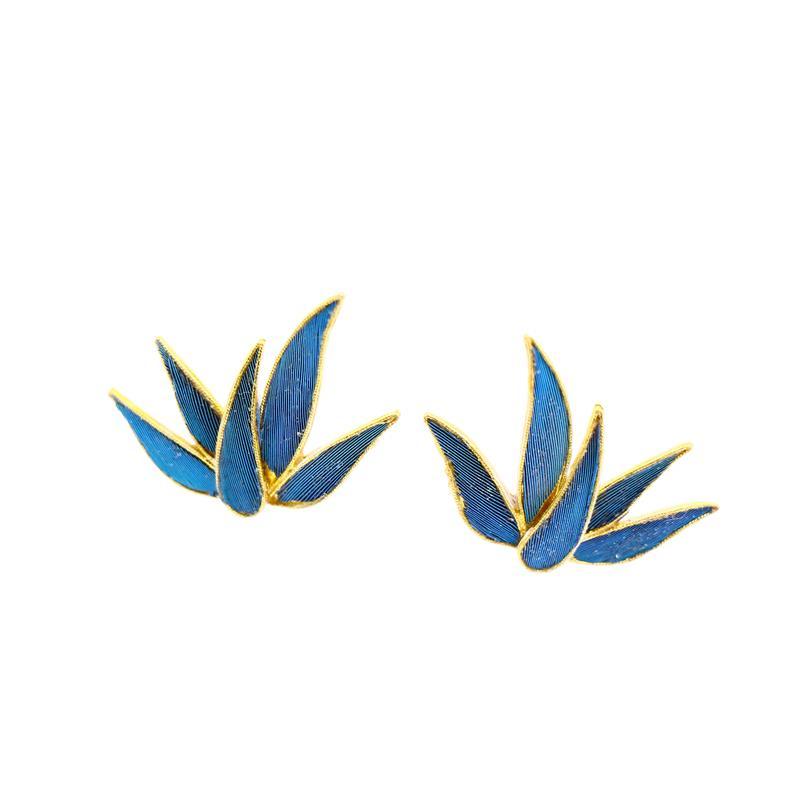 Creative New Thailand Silver Enamel Porcelain Bamboo Leaf Lady Stud Earrings