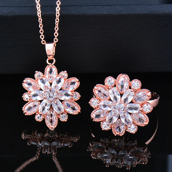 Korean Zircon Ice Flower Earrings Rings Rose Gold Silver Color Necklace Sets