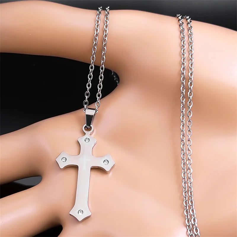 Catholic Cross Chain Necklace for Women Men Stainless Steel Crystal Blessing Necklaces