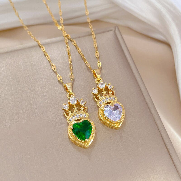 Gold Plated Luxury Jewelry Charm Rhinestone Crown Love Heart Pendant Neckalce For Women