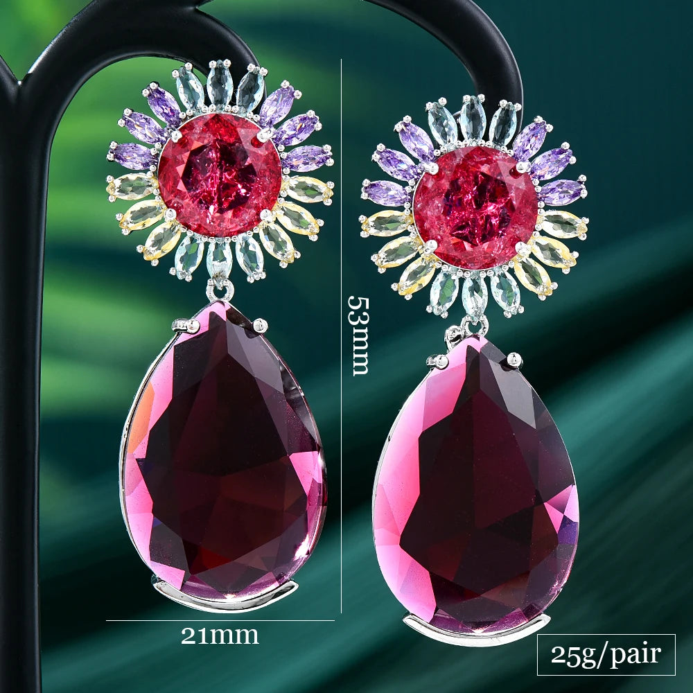 New Design Big Red Earrings Jewelry Luxury Zircon Flower Elegant Women Shiny Wedding Party Earrings