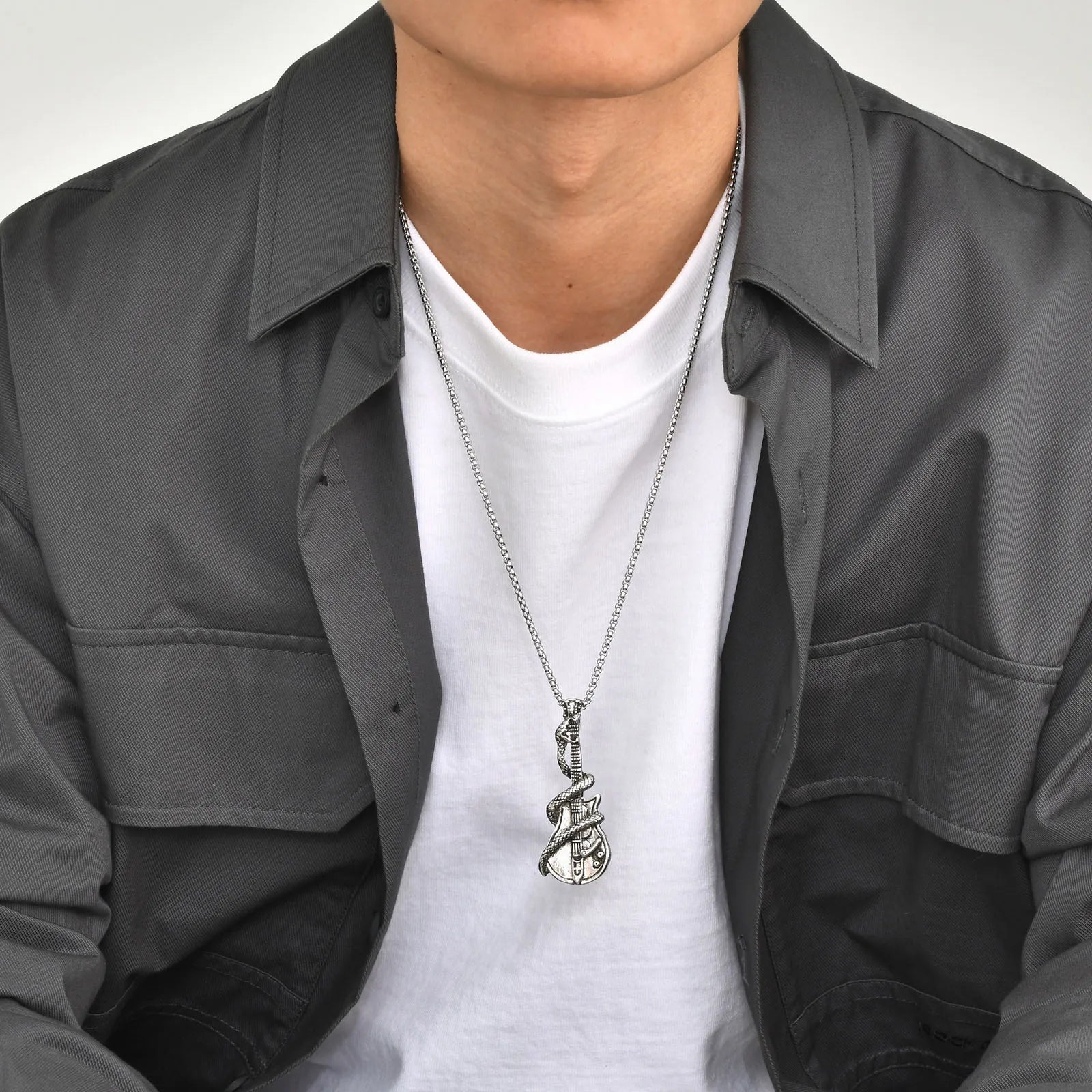 Rock Punk Guitar Necklace for Men Boys, Retro Silver Color Snake Pendant Gifts