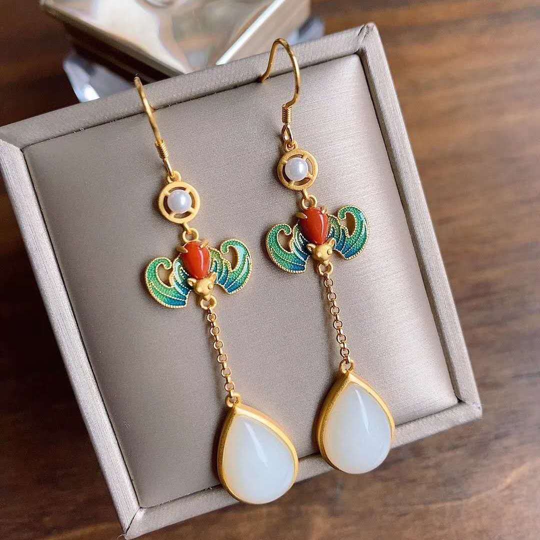 Natural Hetian  jade enamel porcelain Earrings