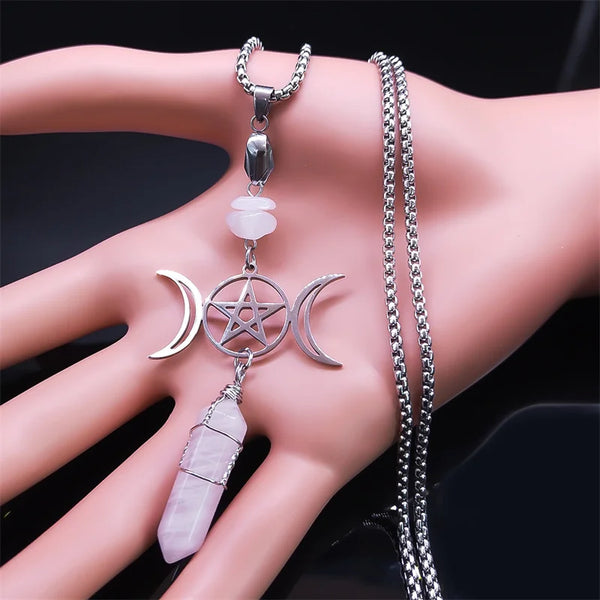 Witchcraft Triple Moon Goddess Necklace Stainless Steel Pink Crystal Wiccan Pendant Necklaces