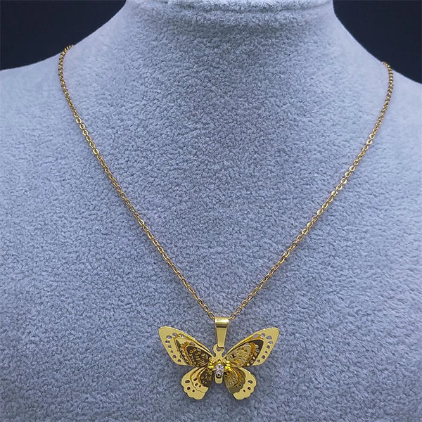 Butterfly 3D Hollow Copper Necklace Rhinestone Stainless Steel Necklace