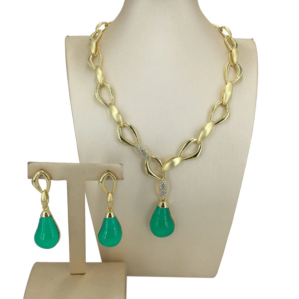 Dubai Gold Plated Jewelry Sets Beautitul Green Stone Necklace for Women