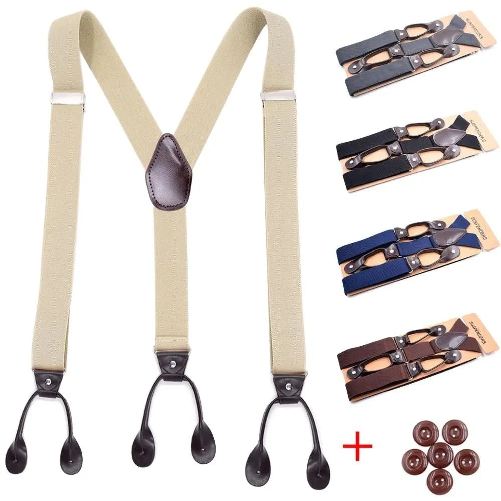 Vintage Suspenders Adult Leather Trimmed Button End Y Back Adjustable Elastic Trouser Braces Straps