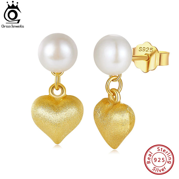 925 Sterling Silver Natural Pearl Earrings with 14K Gold Dangle Heart for Women