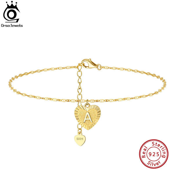 925 Sterling Silver Initial Heart Ankle Bracelet for Women