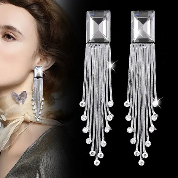 korean fashion Crystal Triangle Square Tassels Drop Earrings For Women