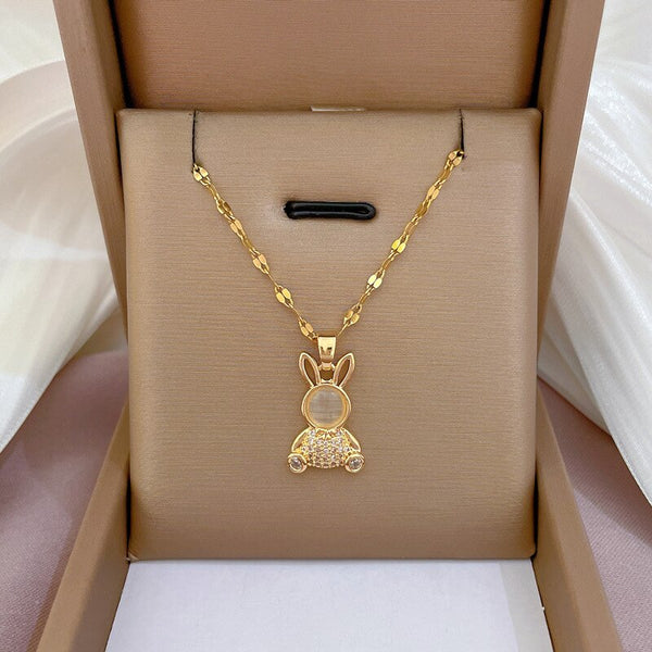 Trendy Cute Rabbit Shaped Pendant Necklace Opal Chain Shiny Women