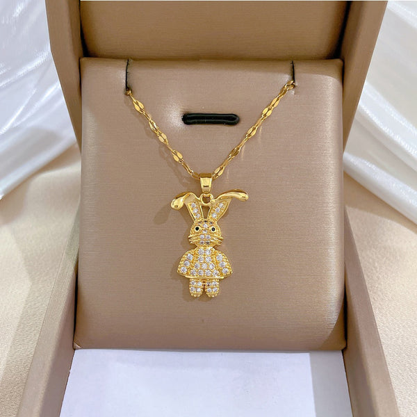 Gold Color Exquisite Zirconia Cute Curved Eared Rabbit Pendants Necklace For Women