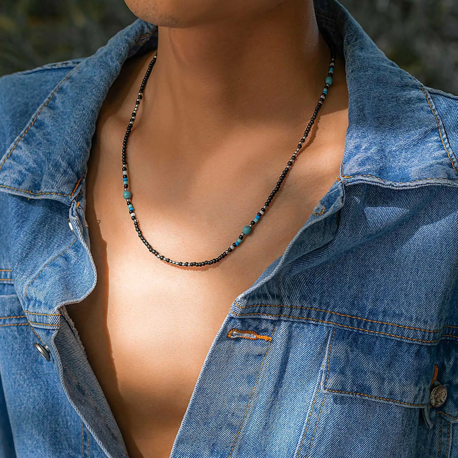 Synthetic Turquoise Necklaces for Men Boys,Mini Back Bead Necklace