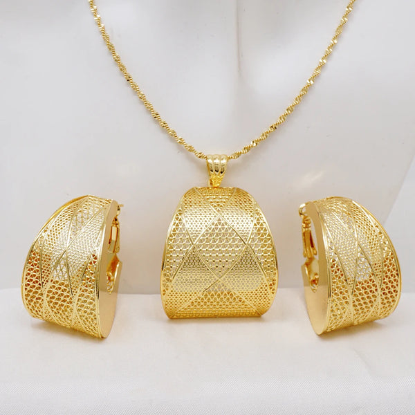 Fashion Pendent Dubai Gold Color  Copper Earrings Necklace For Jewelry Sets