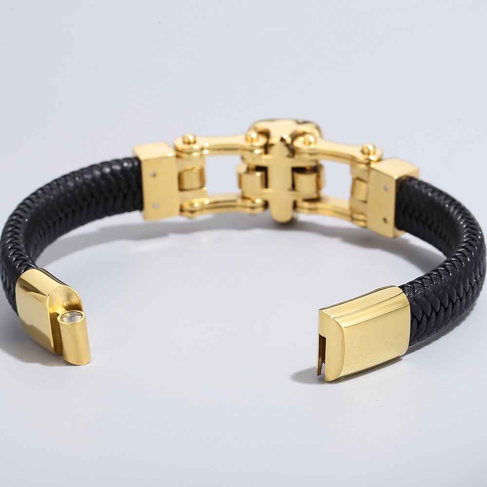 Gold Plated Stainless Steel Crocodile Head Men Leather Bracelets Bangles