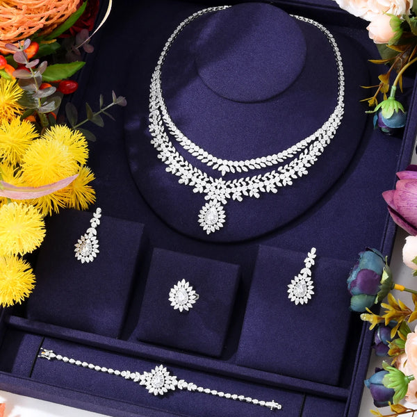 Luxury African Indian Bride Zircon Necklace Earrings Bangle Ring 4PCS