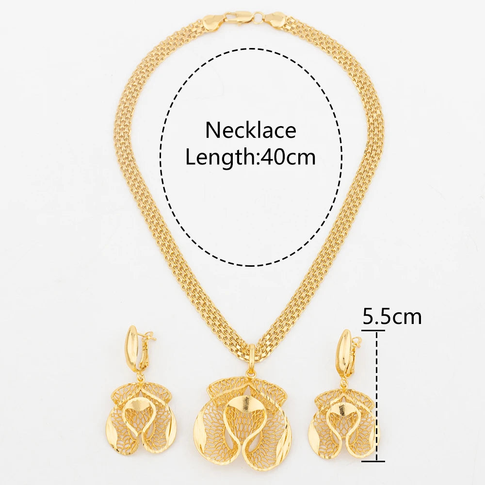 Hollow Flower Pendant Arabic Dubai Earring African Chain Jewelry Set for Women