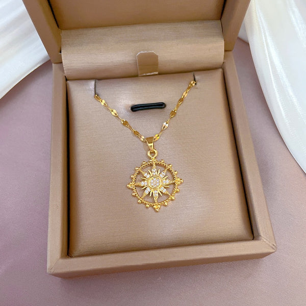 Gold Plated Light Luxury Micro-set Zircon The Light Of The Sun Disc Pendant Necklace