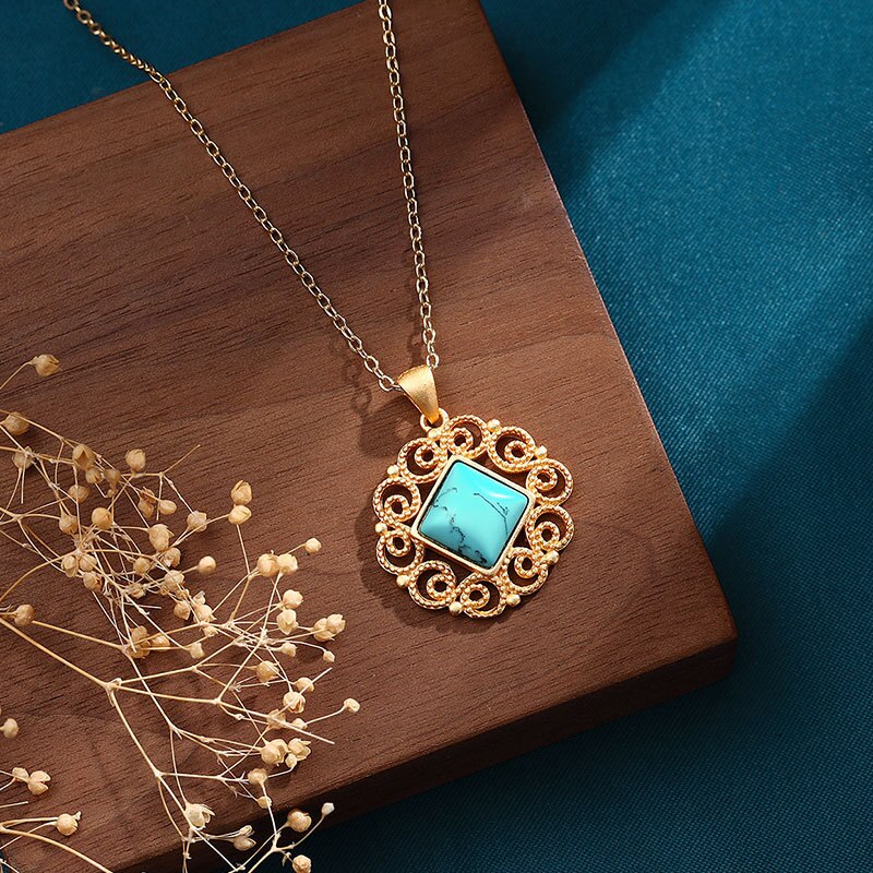 New in Chinese-inspired cutout design Ancient gold craft inlay turquoise necklace pendant