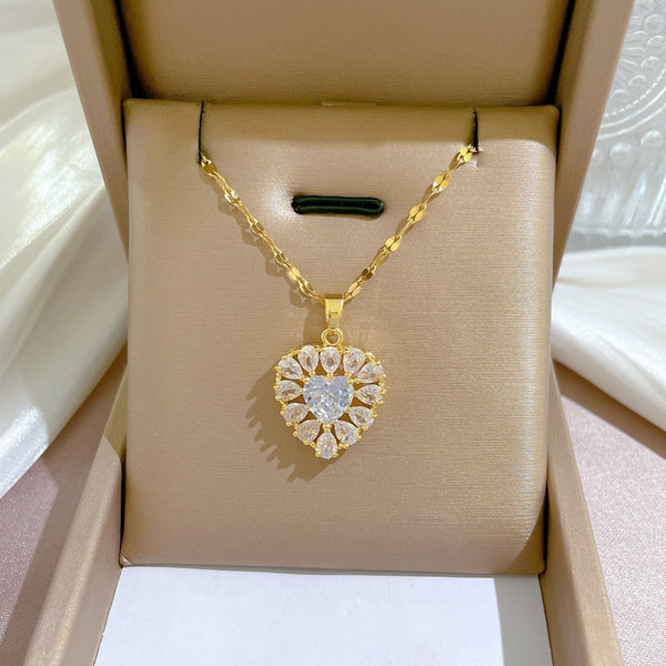 Gold Color Full Zirconia Heart Shaped Pendant Girl Necklace