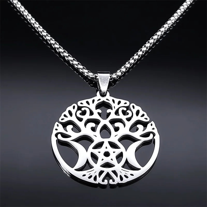 Stainless Steel Wicca Triple Moon Goddess Tree Of Life Necklace