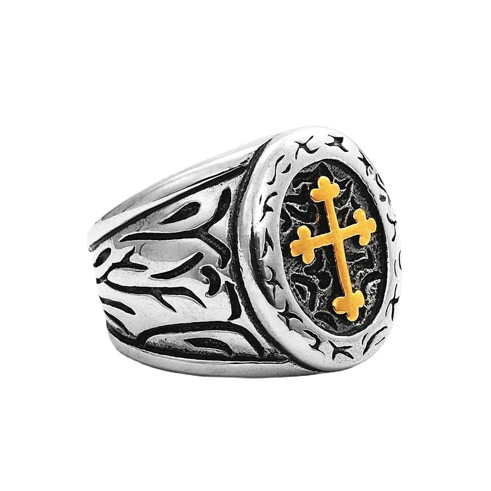 Classic Lorraine Cross Ring For Men Retro Orthodox 316L Stainless Steel Cross Signet Rune Ring