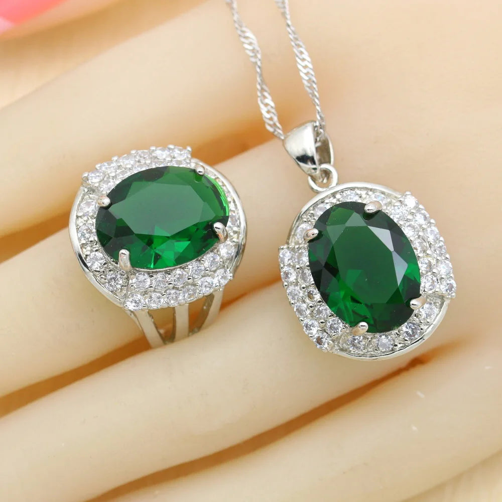 Green Zirconia Necklace Pendant Hoop Earrings Ring Bracelet For Women Gift