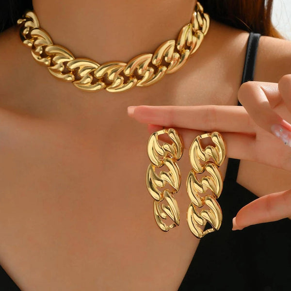 2PCS Set Big Cuban Chain Earring Necklace Set