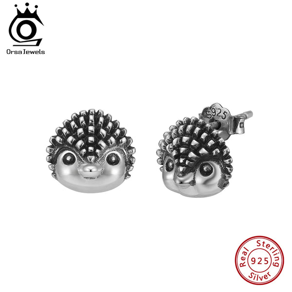 Cute Hedgehog Earring Oxidized Silver Unique Funny Animal Stud Earring  for Women