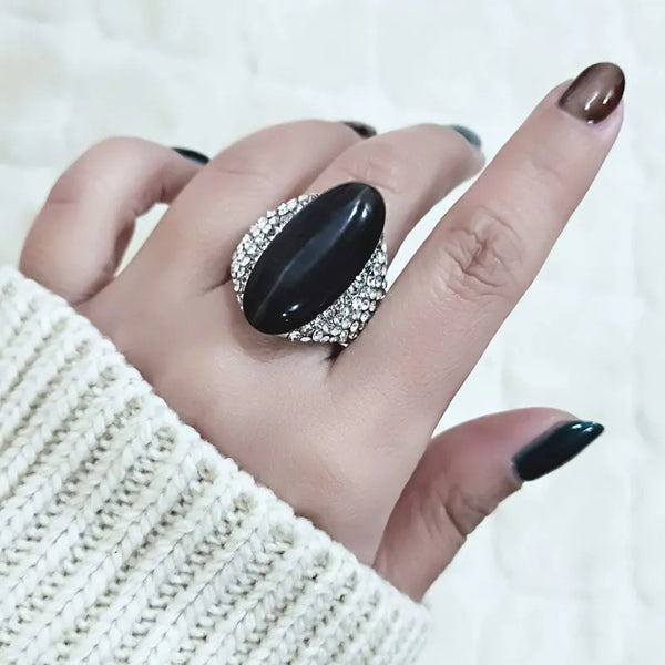 Vintage Big Black Opal Stone Shuttle Rings For Women