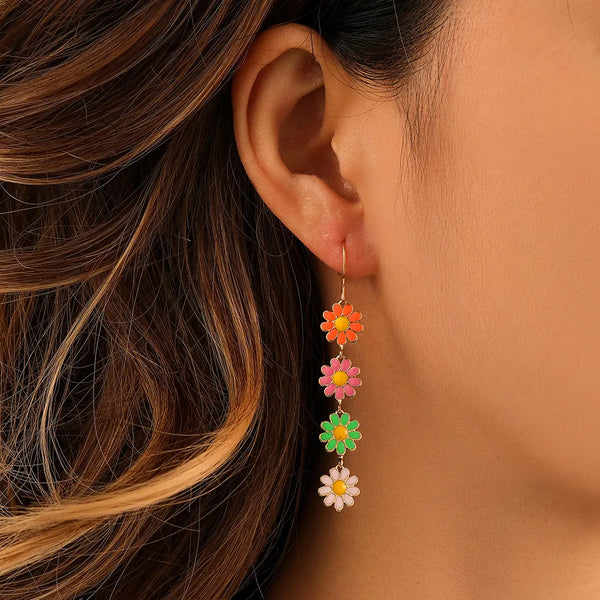 Vintage Pastoral Style Drop Glaze Colorful Daisy Earrings for Women