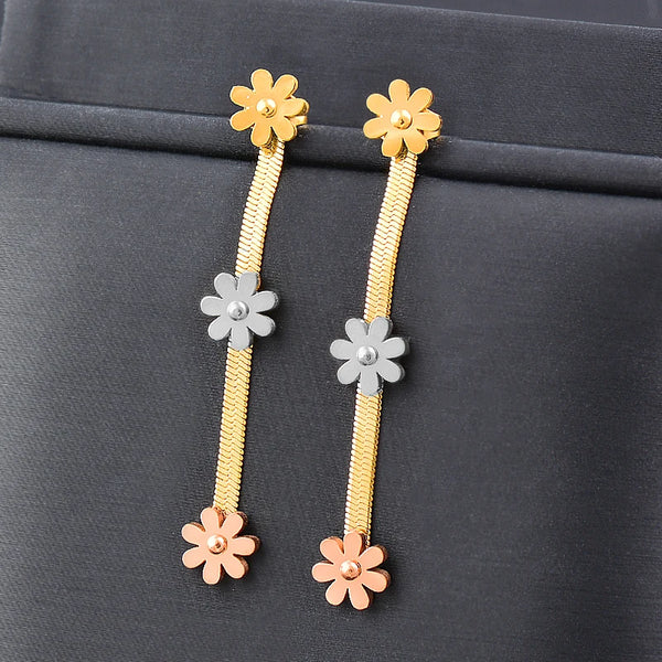 Stainless Steel Three Flowers Long Pendant Earrings For Women