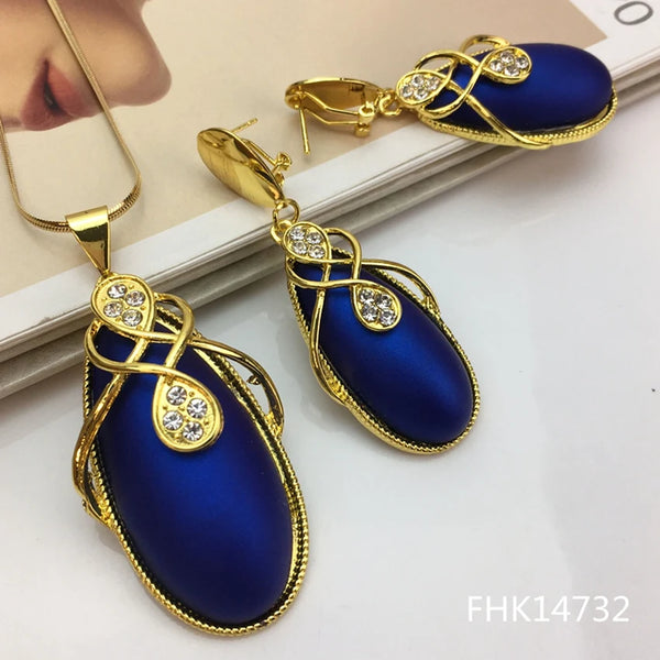 Unique Big Pendant with Earrings for Women Colorful Stones Pendant