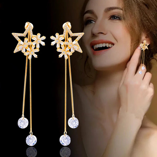 Cubic Zircon Star Flower Long Drop Earrings Hanging For Women