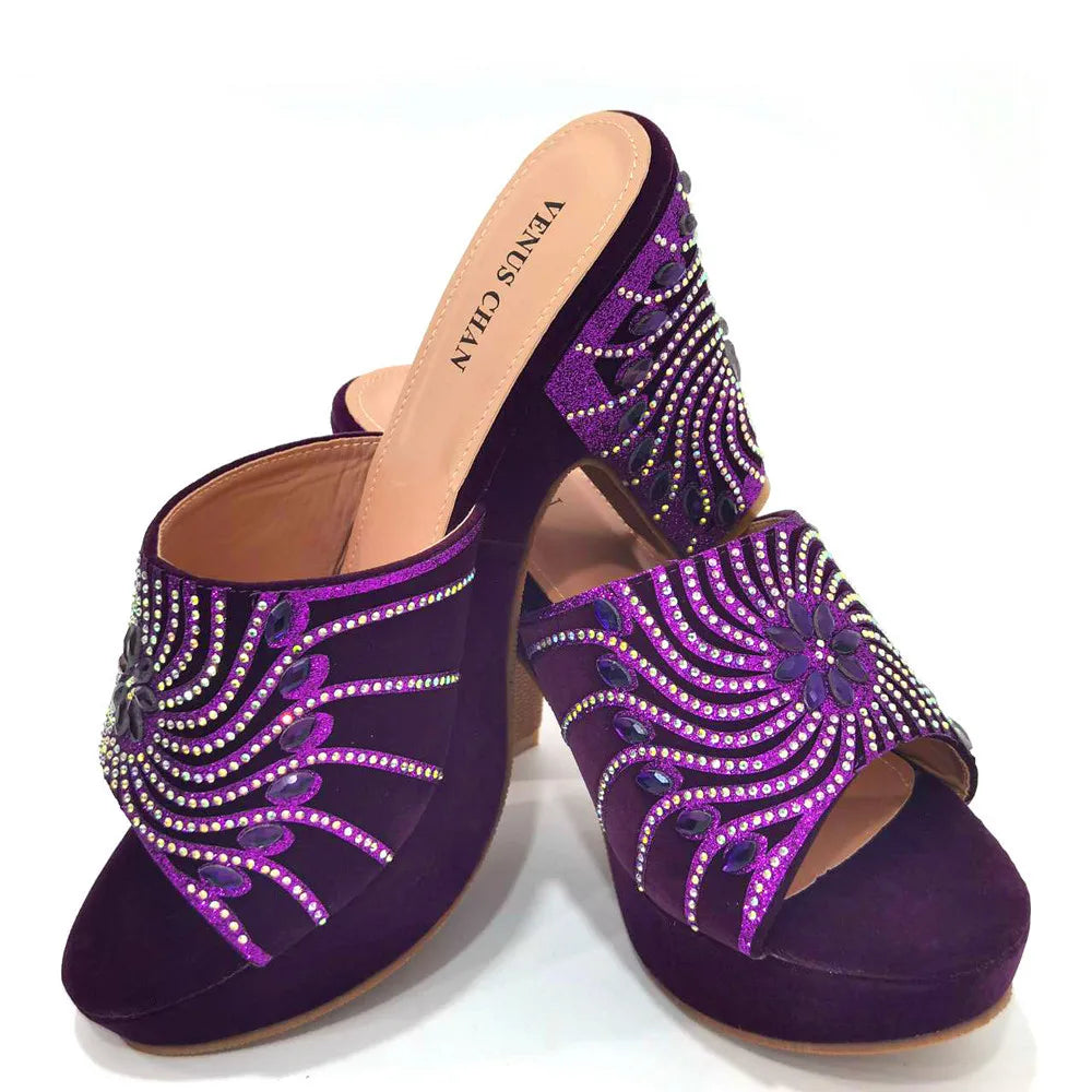 Classic Women's Hand Bag Purple Color Matching High Heels African Wedding Party Shoe And Bag Set